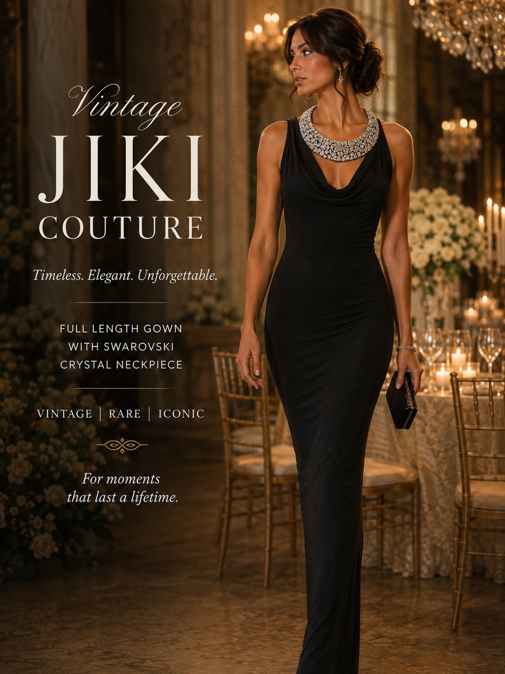 VINTAGE Fitted JIKI COUTURE GOWN With Extraordinary Swarovski Chrystal Neckpiece